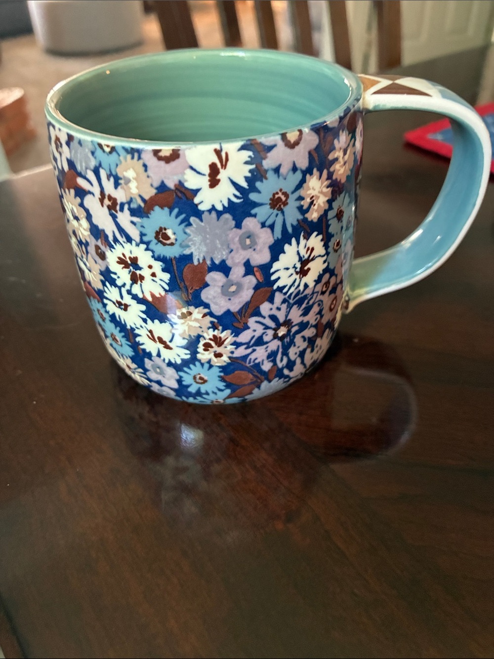 Anthropologie Blue Floral Ceramic Mug with Turquoise Interior